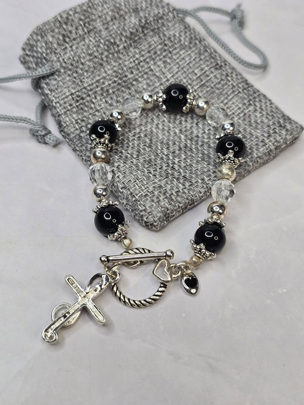 Black Silver Beaded Bracelet Silver Cross Charm